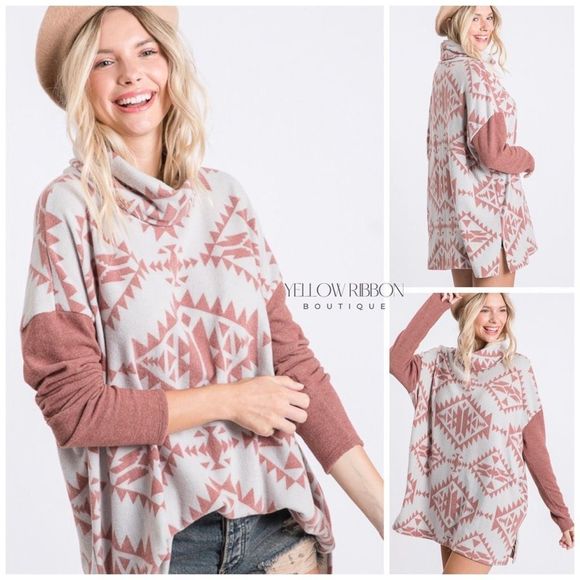 NEW Southwest Vibes Brushed Aztec Cowl Neck Tunic Sweater - Picture 2 of 5